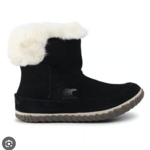 SOREL | Out 'N About slipper booties black suede with white faux fur trim sz 8